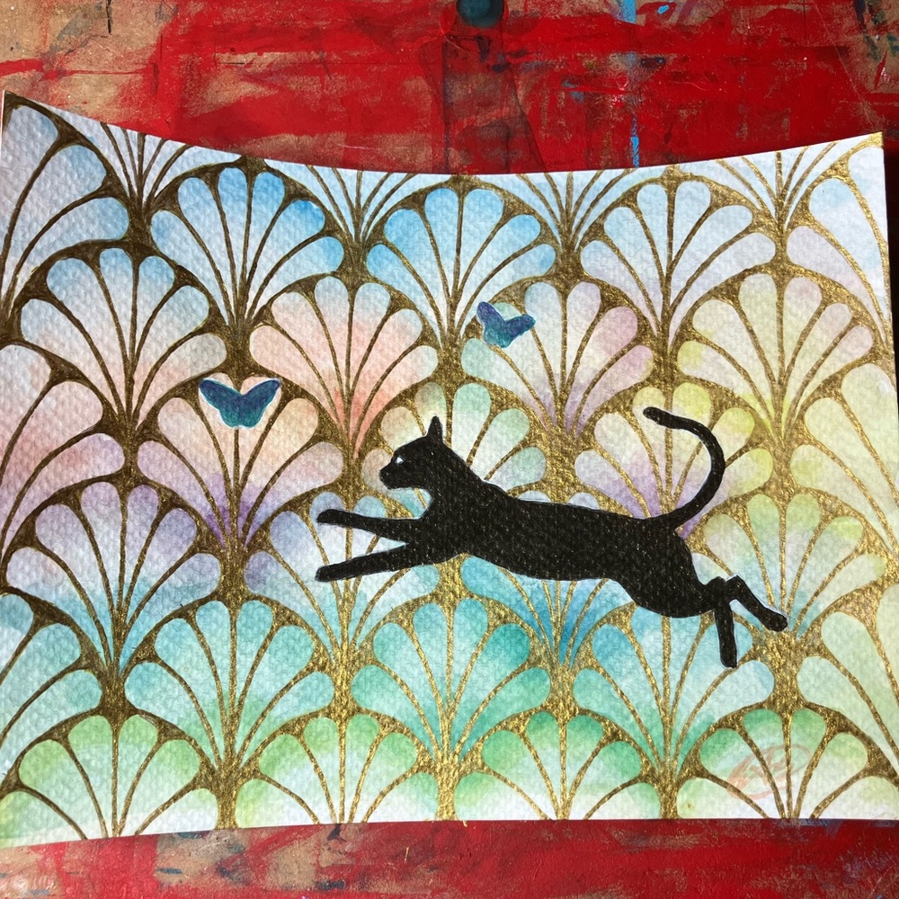 Original cat painting butterflies art nouveau hold accent decor Artettina USA - Picture 2 of 8